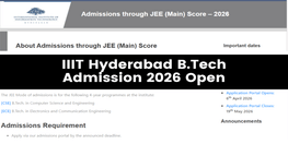 IIIT Hyderabad B Tech Admission 2026 via JEE Main Opens  Apply by May 19